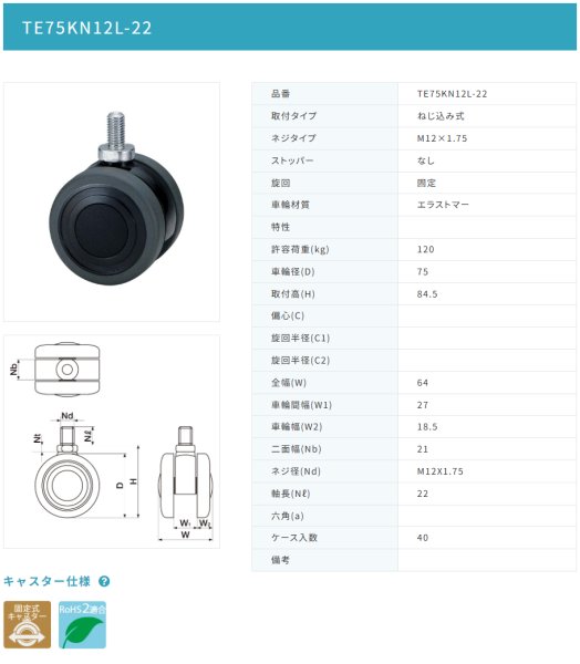 画像2: 東海キャスター TE75KN12L-22 双輪キャスター (2)