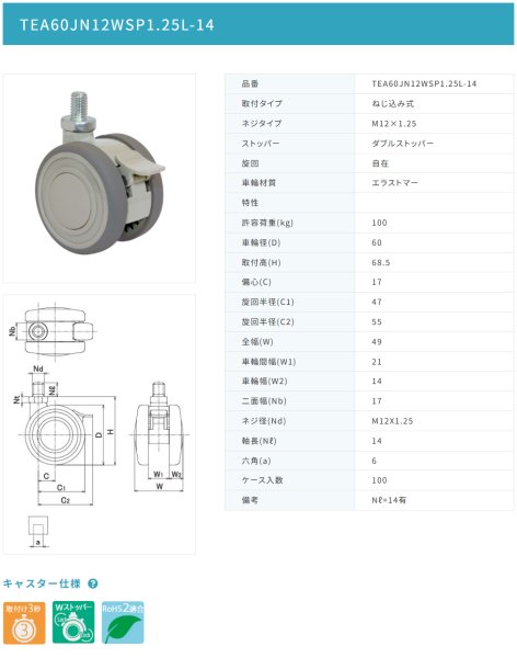画像2: 東海キャスター TEA60JN12WSP1.25L-14 双輪キャスター (2)