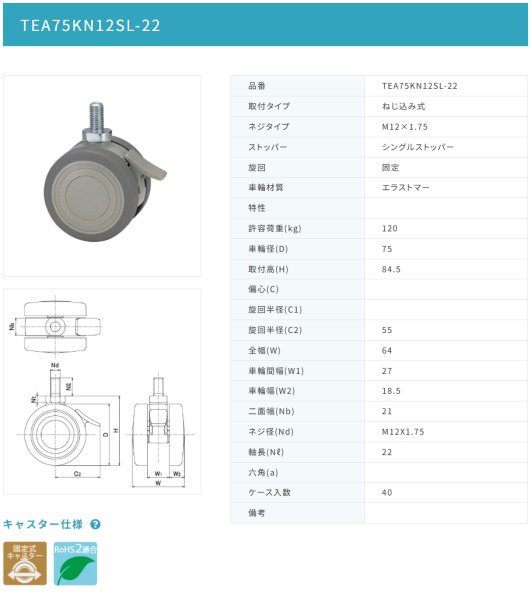 画像2: 東海キャスター TEA75KN12SL-22 双輪キャスター (2)