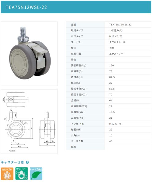 画像2: 東海キャスター TEA75N12WSL-22 双輪キャスター (2)