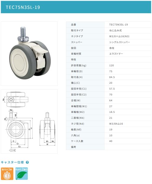 画像2: 東海キャスター TEC75N3SL-19 双輪キャスター (2)