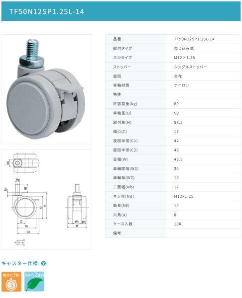 画像2: 東海キャスター TF50N12SP1.25L-14 双輪キャスター (2)