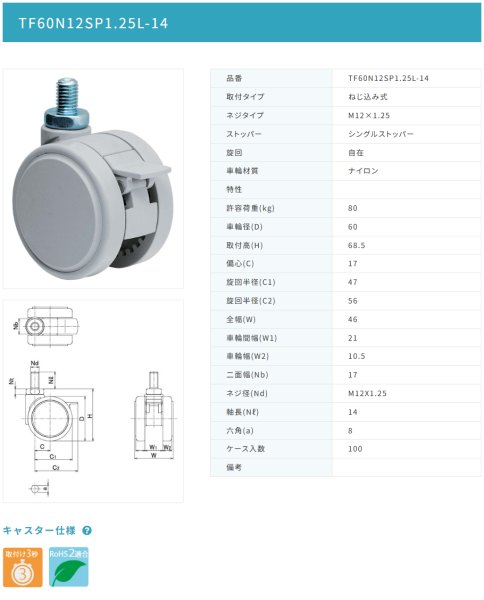 画像2: 東海キャスター TF60N12SP1.25L-14 双輪キャスター (2)