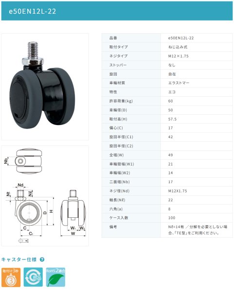 画像2: 東海キャスター　e50EN12L-22　双輪キャスター (2)