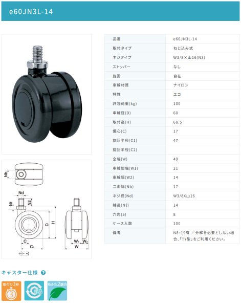 画像2: 東海キャスター e60JN3L-14 双輪キャスター (2)