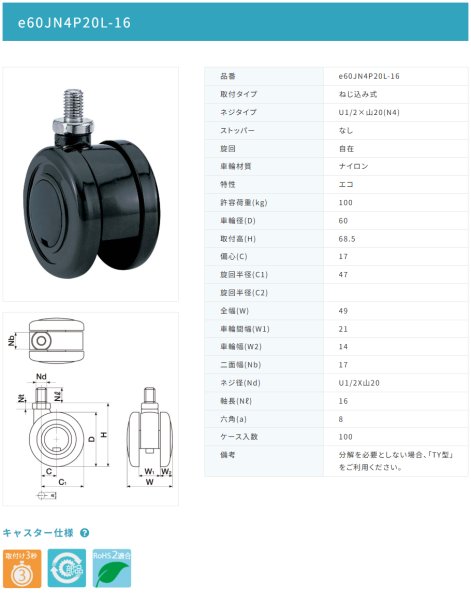 画像2: 東海キャスター　e60JN4P20L-16　双輪キャスター (2)